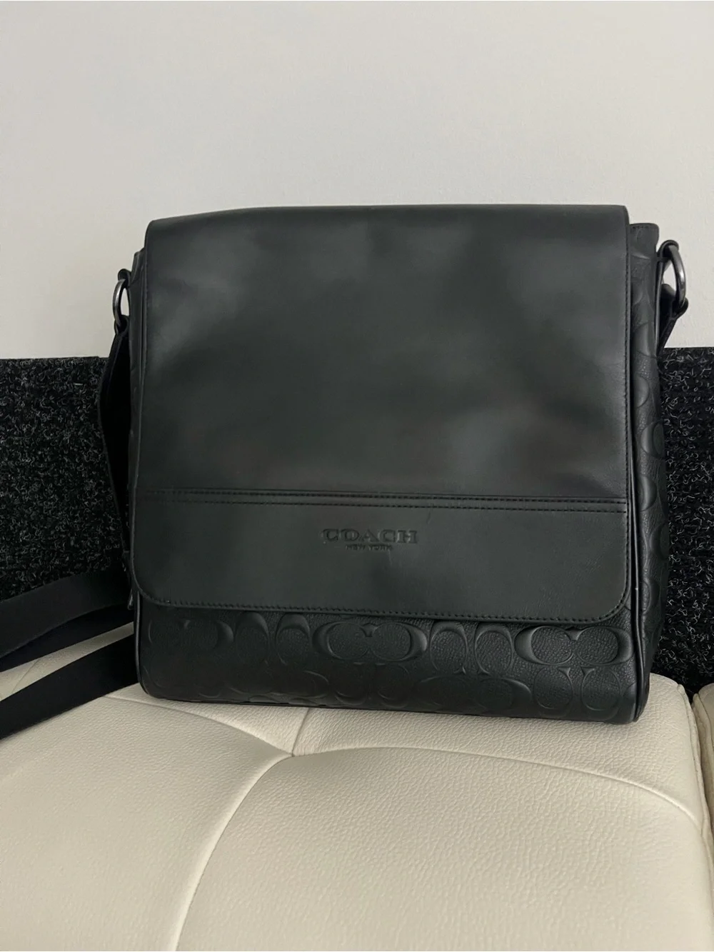 Coach Black Leather Signature-Embossed Messenger Bag